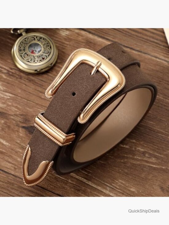 Women\'s Western Suede Leather Belt with Retro Gold Buckle | Cowgirl Belt for main image 7